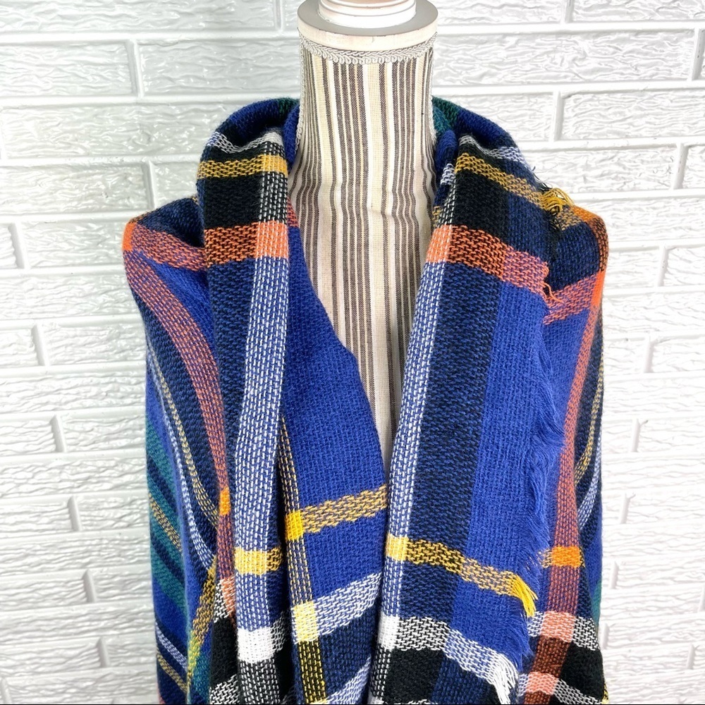 Multicolored Plaid Flannel Shawl Scarf with Fringe Blue Yellow Black Orange - Picture 2 of 6